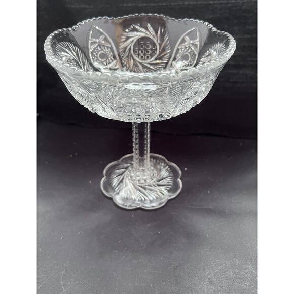 MCKEE Pressed Glass Sunburst Cut Round Pedestal Compote Pinwheel Star Cane - Picture 8 of 8